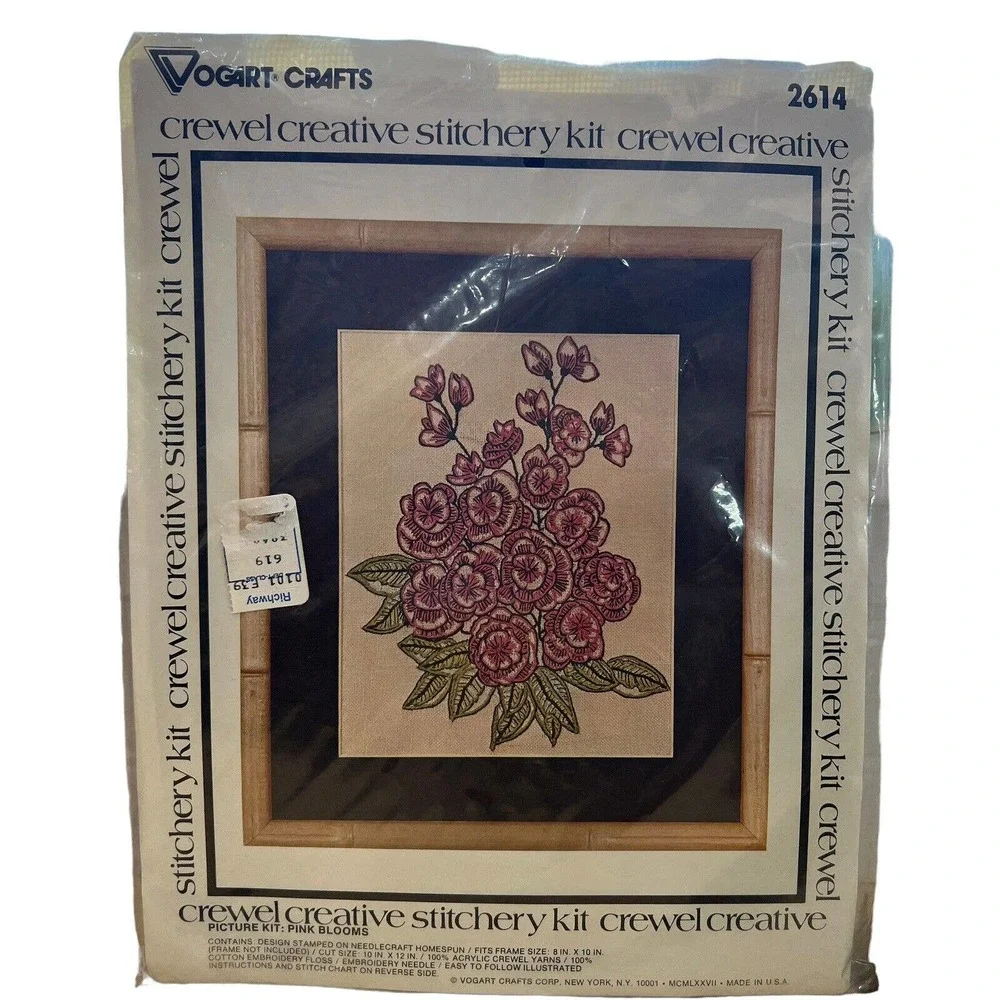New Vintage 1970 Vogart Crafts Crewel Kit Pink Blooms Kit‎ No 2614 Crewel